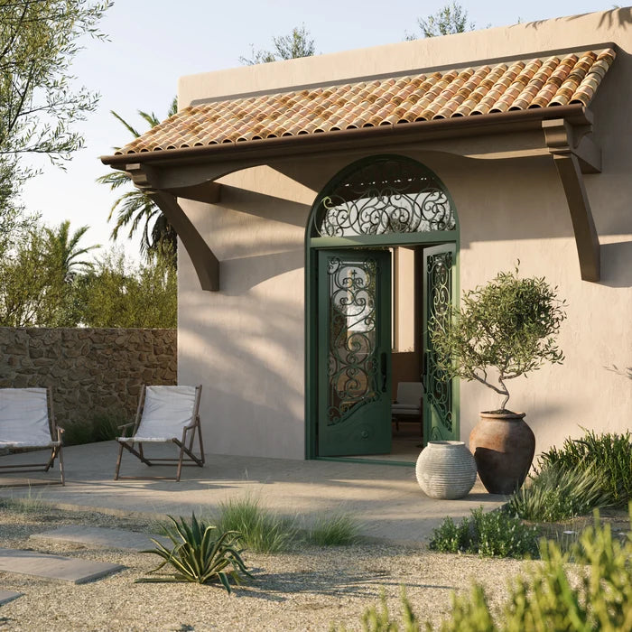 Beverly french swinging door with full arch top window in matte black.