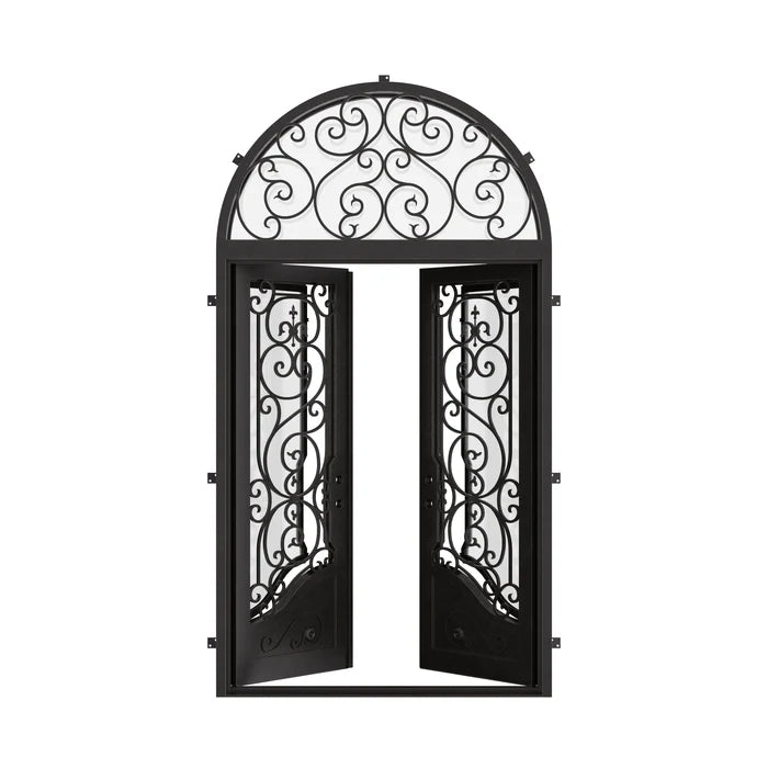 Beverly double exterior swing door with round top transom in bronze color.