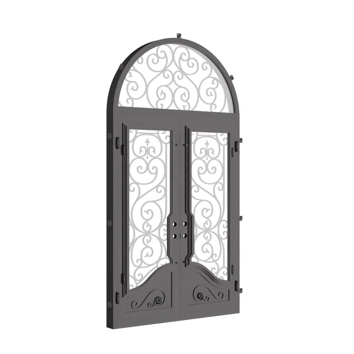 Beverly metal double flat hinged door with radius top window in black.