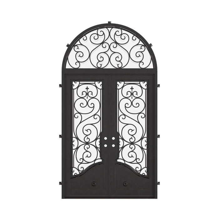Beverly double entry swinging door with full arch top transom in matte black.