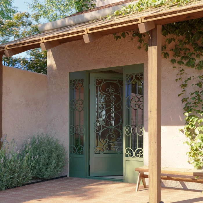 Beverly square top single entry door in bronze with thermal barrier and side windows.