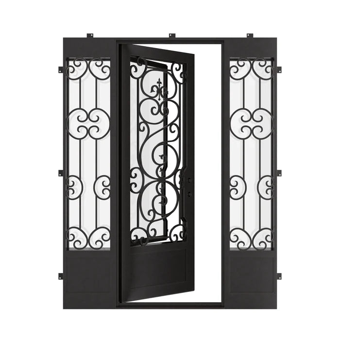 Beverly flat top door for cold weather with sidelights in black.