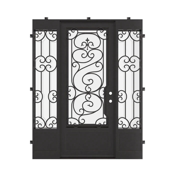 Beverly flat top patio door in bronze with thermal break and sidelights.