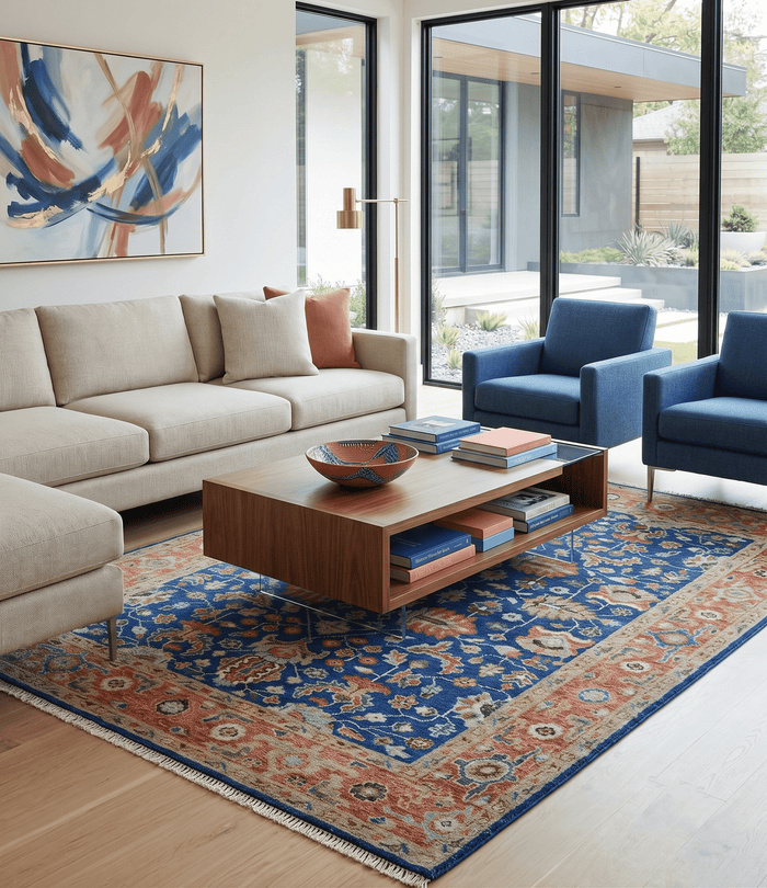 Blue and Rust Turkish Design Traditional Serapi Hand Knotted Wool Area Rug - The Rug Decor