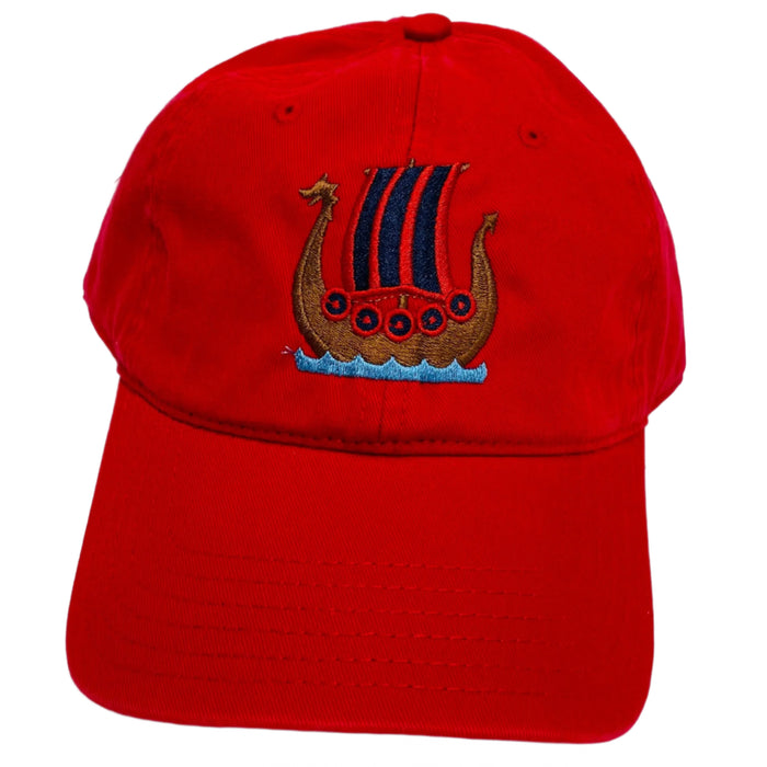 Blue/Red Viking ship on red baseball cap