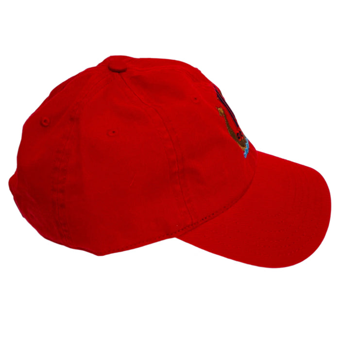 Blue/Red Viking ship on red baseball cap