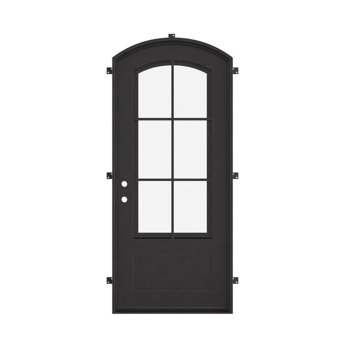 Bristol iron single door with efficient glass and thermal barrier.