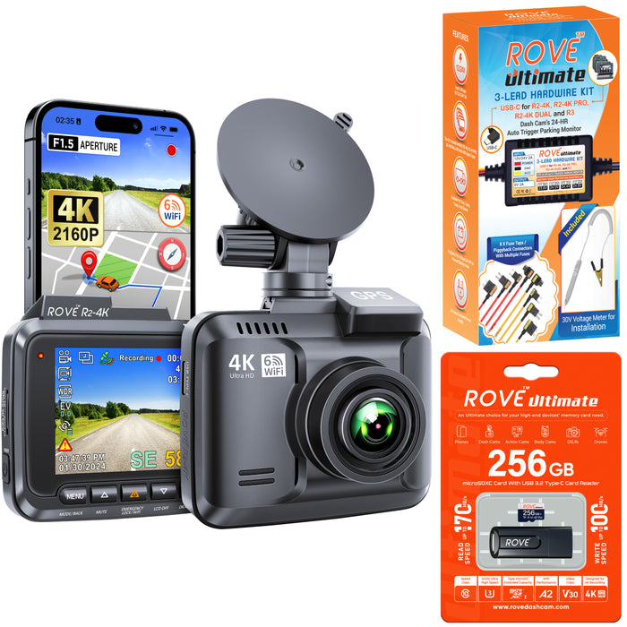 ROVE dash cam kit with front dash camera, microSD 256GB card, and hardwire kit box