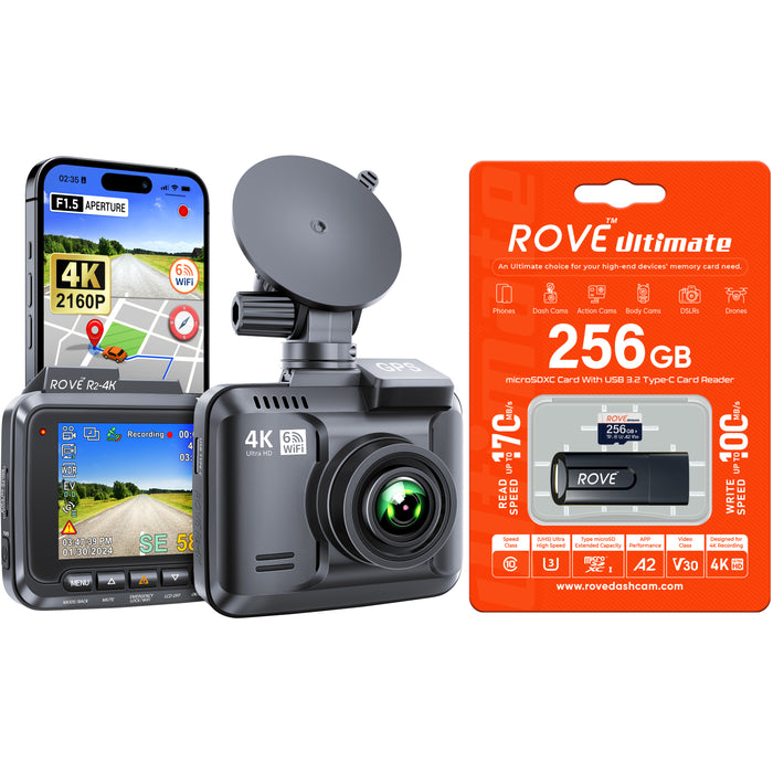 ROVE dash cam with 256GB microSD card in blister package