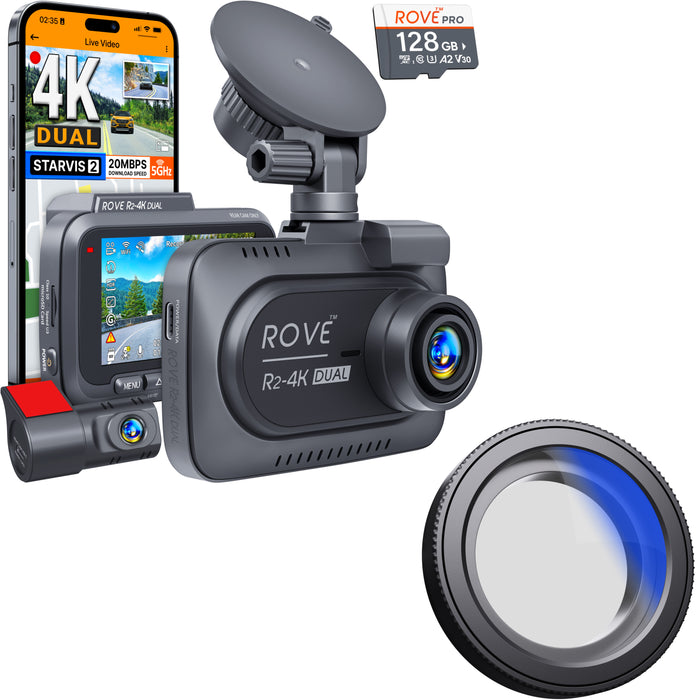 ROVE dual dash cam with front screen and round CPL lens filter