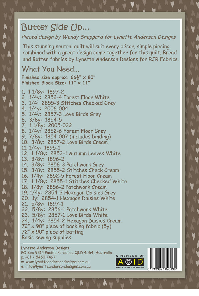 Butter Side Up Quilt by Lynette Anderson Pattern Back