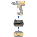 CAT 18V to DeWalt 20V MAX battery adapter - compatibility diagram showing battery, adapter and drill driver