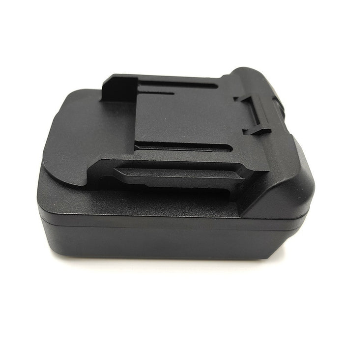 CAT 18V to Makita 18V LXT battery adapter - Makita tool-side connection at a low angle, rail platform and latch notch