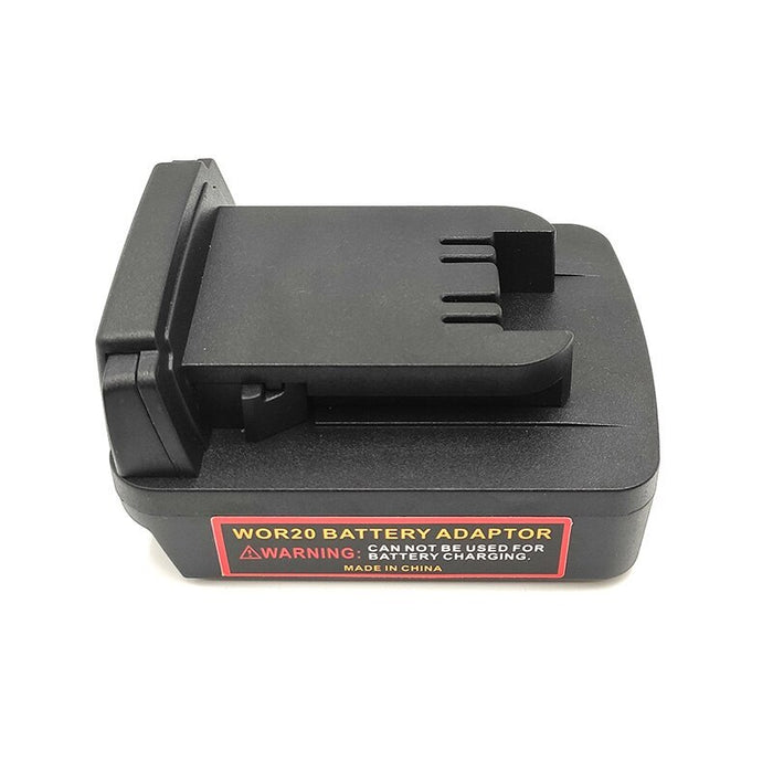 CAT 18V to Milwaukee M18 battery adapter - side view with the Milwaukee tool-side connection above the warning label