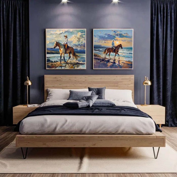 Seaside Horse Riding Canvas Wall Painting Decoration 2-Piece Set Colorful Equestrian Strolling Canvas Art