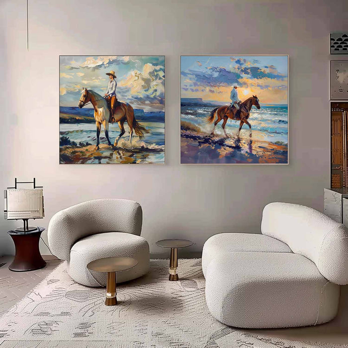 Seaside Horse Riding Canvas Wall Painting Decoration 2-Piece Set Colorful Equestrian Strolling Canvas Art