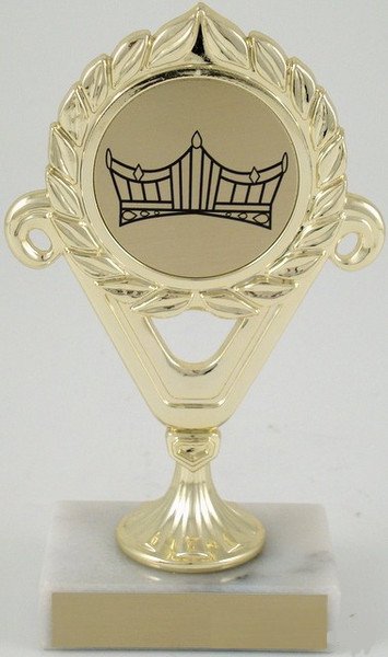 A trophy with a gold-colored cup and a crown logo in the center, mounted on a marble base.