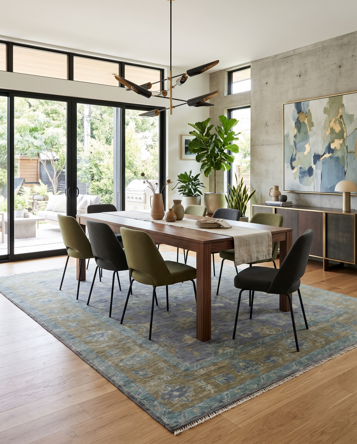 Traditional Oushak wool area rug with blue-green field, brown border, and fringe