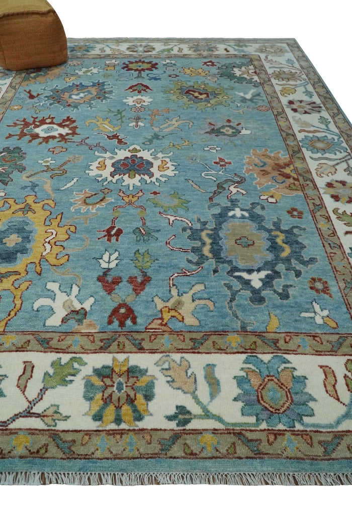 Custom Made Aqua and Ivory hand knotted Vibrant colorful Traditional Oushak Wool Area Rug - The Rug Decor