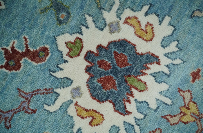 Custom Made Aqua and Ivory hand knotted Vibrant colorful Traditional Oushak Wool Area Rug - The Rug Decor