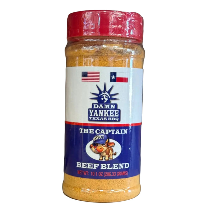Damn Yankee Texas BBQ The Captain Beef Blend rub jar — bold black pepper and garlic seasoning for burgers, steaks, and grilled beef