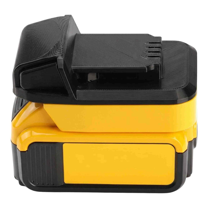 DeWalt 20V MAX to Earthquake 20V XT battery adapter - seated on a battery pack
