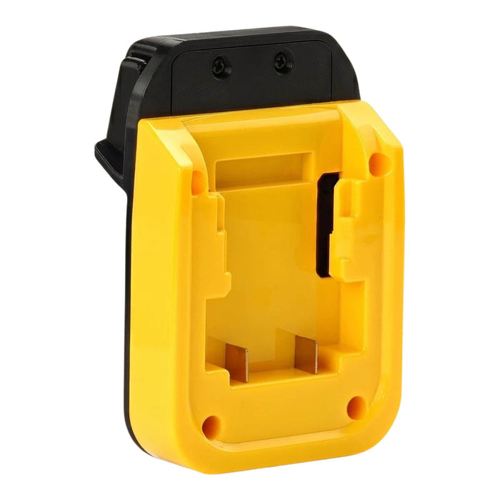 DeWalt 20V MAX to Earthquake 20V XT battery adapter - battery-side connection, twin blade terminals in the yellow receptacle