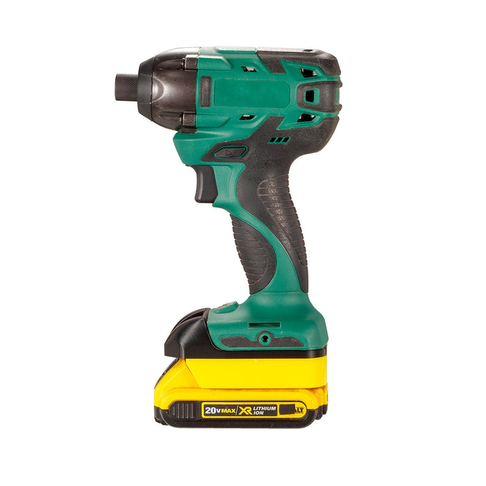 DeWalt 20V MAX to Masterforce 20V battery adapter - installed on a Masterforce impact driver, battery fitted below