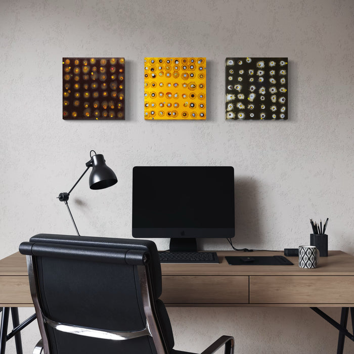 Dialog#3 triptych abstract art featuring circular patterns in brown, yellow, and green oil paint on square canvases by Lisa Ingram