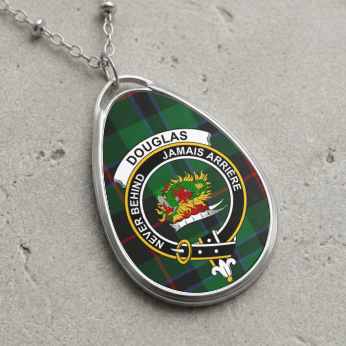 Douglas Scottish tartan background necklace with crest design on tartan background