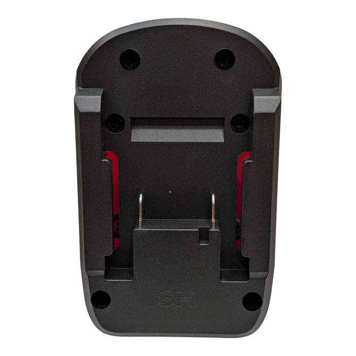 Einhell 18V PXC to Milwaukee M12 battery adapter - battery-side connection, twin copper blade terminals and the red catches