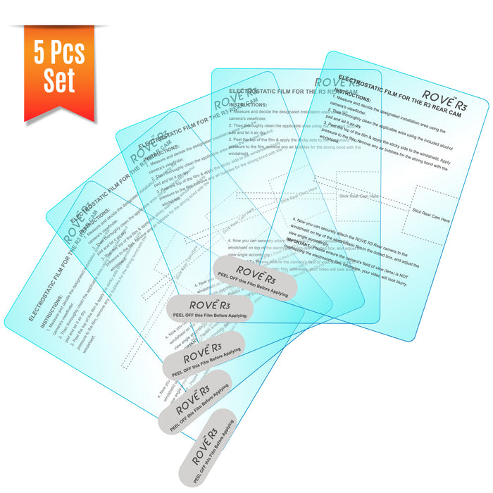 Electrostatic rear dashcam film set of 5, clear blue sheets with Rove R3 labels