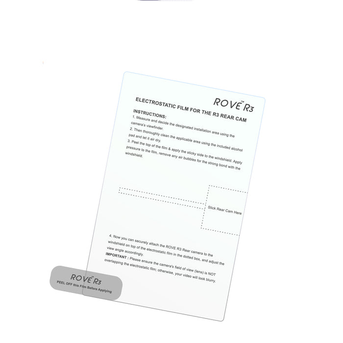 Electrostatic rear dashcam film instruction sheet, clear blue with installation diagram
