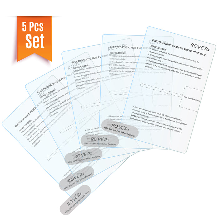 Electrostatic rear dashcam films set of 5, transparent blue instructions sheets