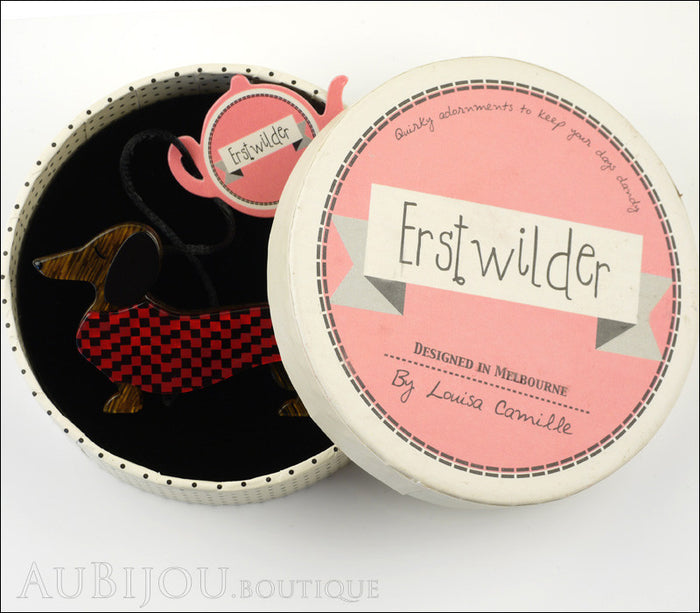 Erstwilder Brooch Pin Samuel the Silly Sausage Dachshund Red Box