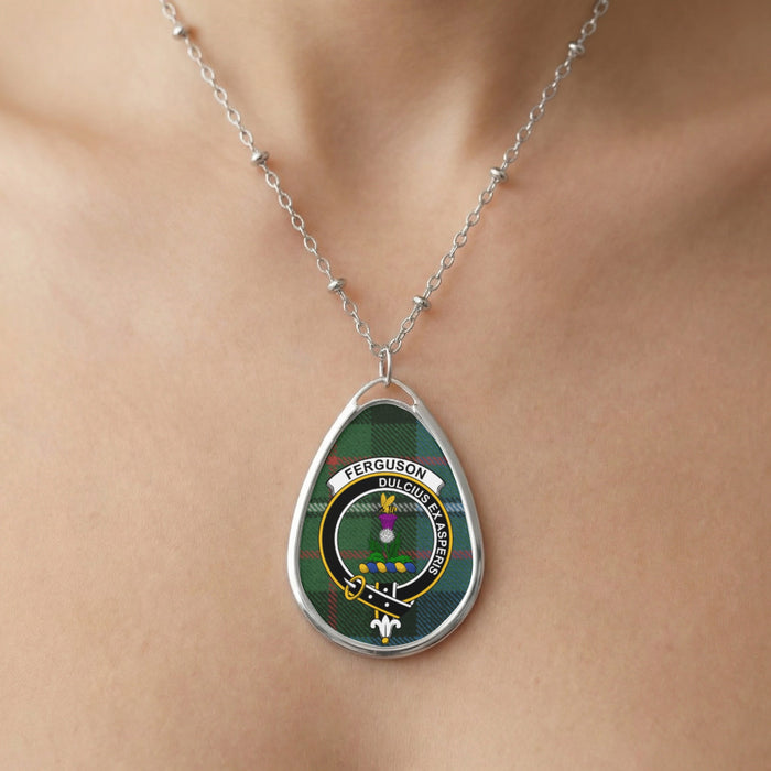 Close-up of Ferguson clan tartan pendant necklace with crest design