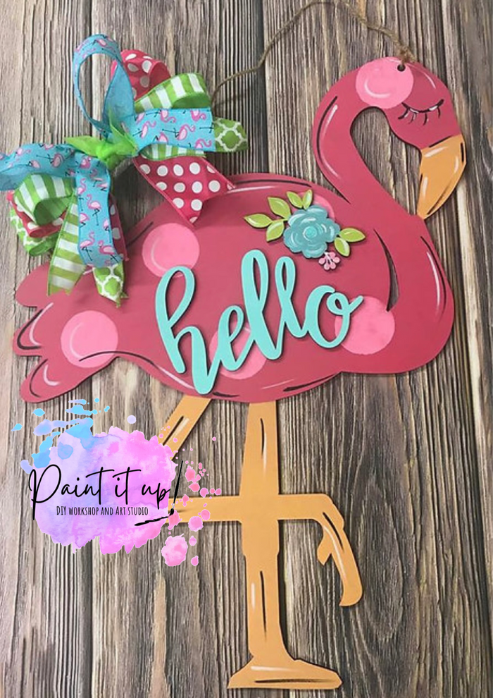 Flamingo Hello Wooden Door Hanger
