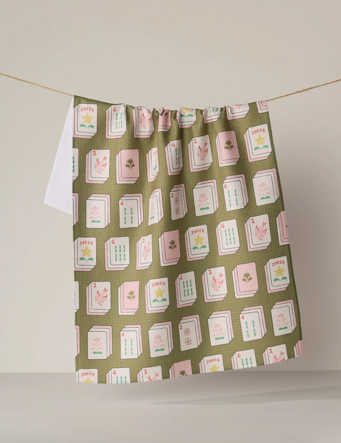 Flower Tiles Green Kitchen Tea Towel