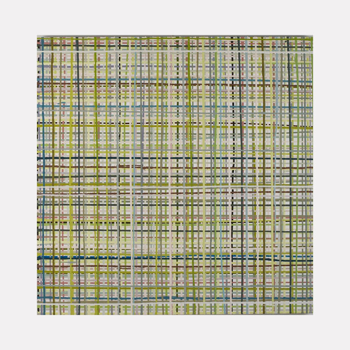 The artwork 'Girls' by Lisa Ingram features an abstract geometric pattern of intersecting lines creating a plaid-like grid. Painted in oil, the composition combines soft sage green, muted blue, and gray tones on a light background. The linear elements vary in thickness and transparency, producing a textured, woven appearance at 42x42 inches by Lisa Ingram.