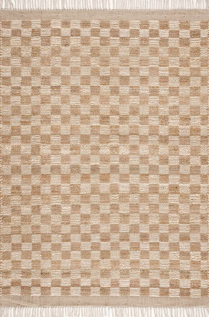 Hand Woven Modern Geometrical Ivory and Brown Checkered Jute Area Rug - The Rug Decor
