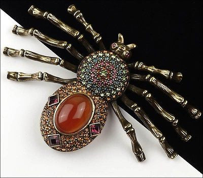 Heidi Daus Figural Faux Carnelian Glass Rhinestone Spider Brooch Pin Web Weaver