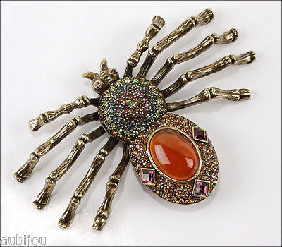 Heidi Daus Figural Faux Carnelian Glass Rhinestone Spider Brooch Pin Web Weaver