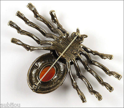Heidi Daus Figural Faux Carnelian Glass Rhinestone Spider Brooch Pin Web Weaver