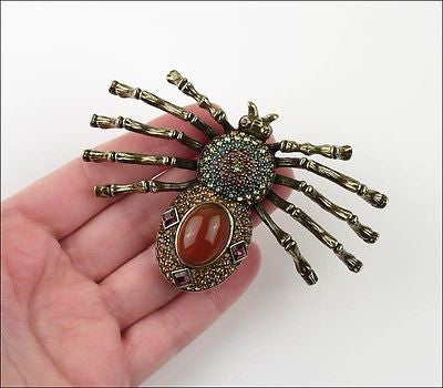 Heidi Daus Figural Faux Carnelian Glass Rhinestone Spider Brooch Pin Web Weaver