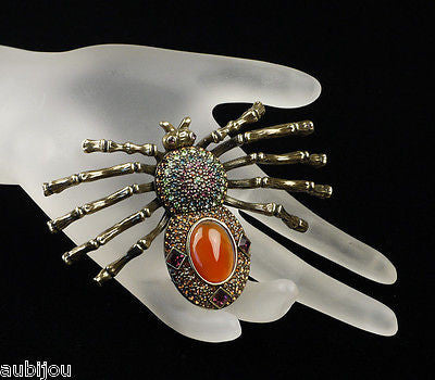 Heidi Daus Figural Faux Carnelian Glass Rhinestone Spider Brooch Pin Web Weaver