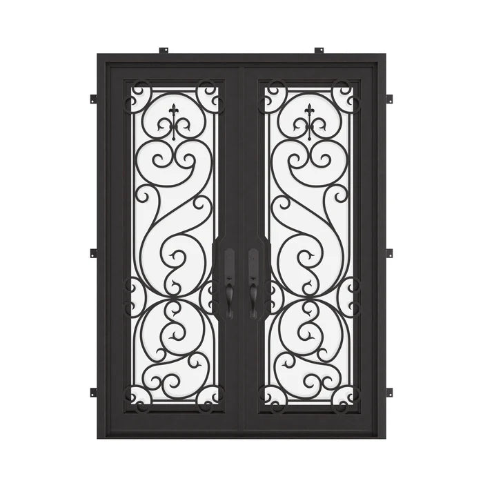 Hills black exterior wrought iron double flat entry door with glass.