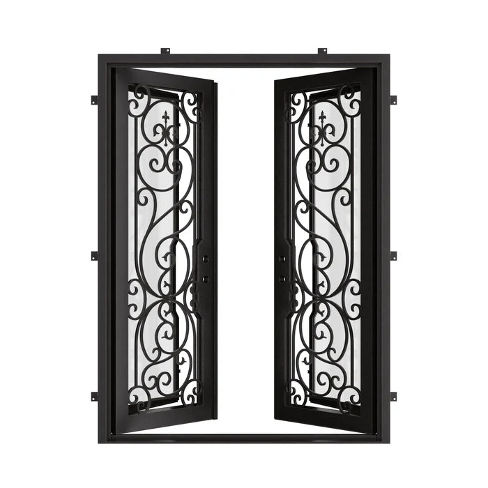 Hills bronze color wrought iron double flat top french door.