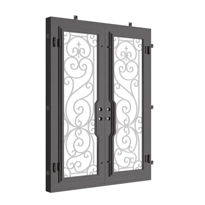 Hills black iron double square top hinged door with thick glass.