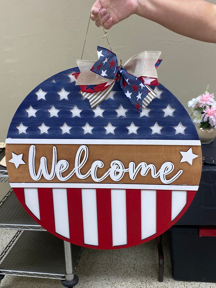 Welcome Stars & Bars Wooden Door Hanger