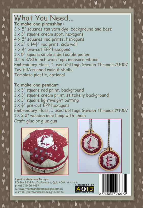 Initials Pincushion and Pendants by Lynette Anderson Pattern Back
